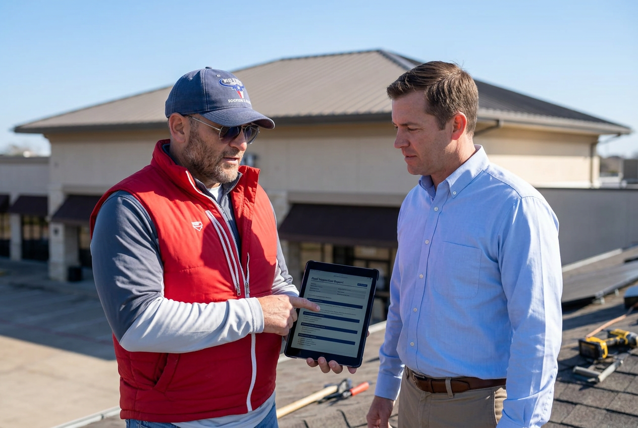 Big Texas owner consulting a business client on a roof inspection report