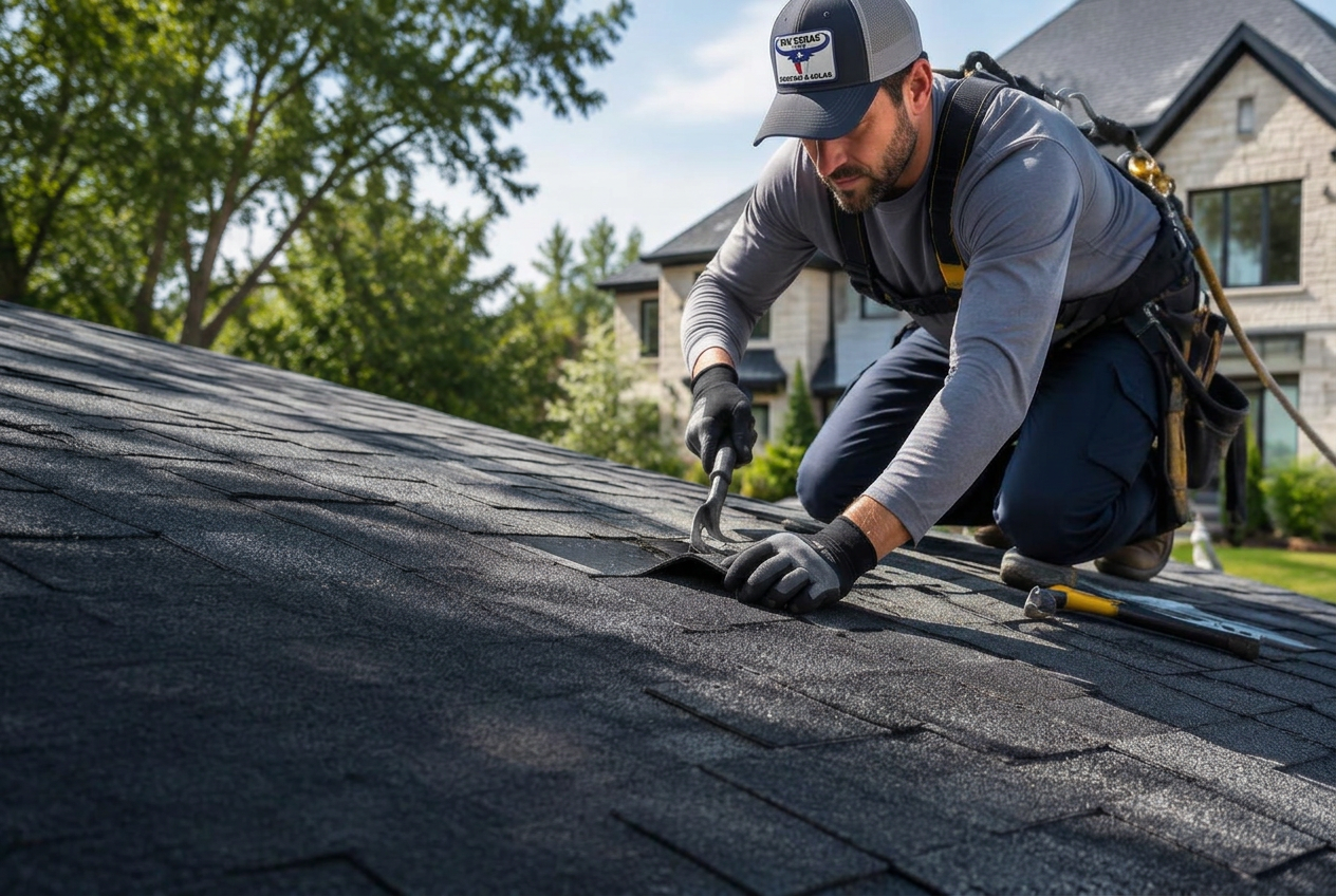 Professional roofer repairing architectural shingles