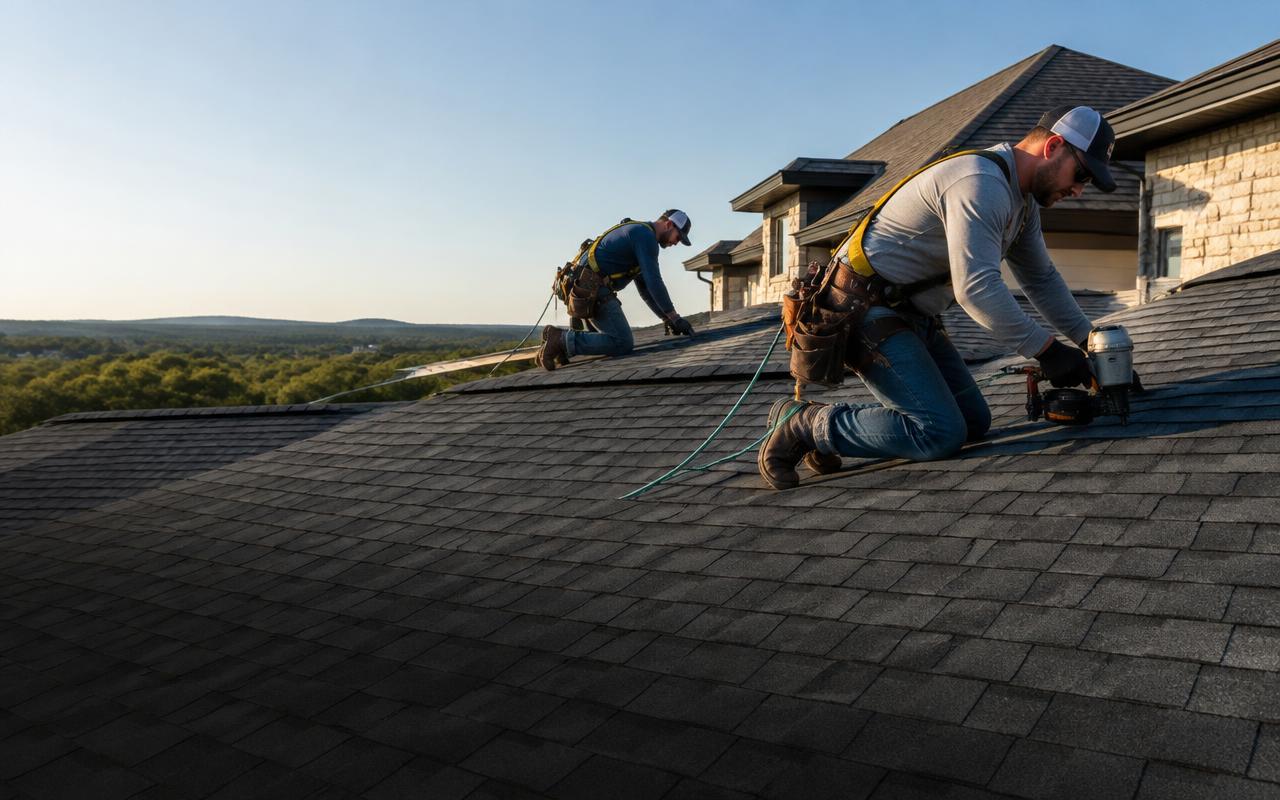 Roofing crew finishing a new architectural shingle roof