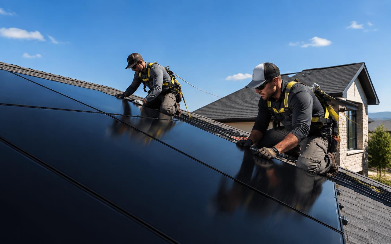 Professional installers securing solar panels to a roof
